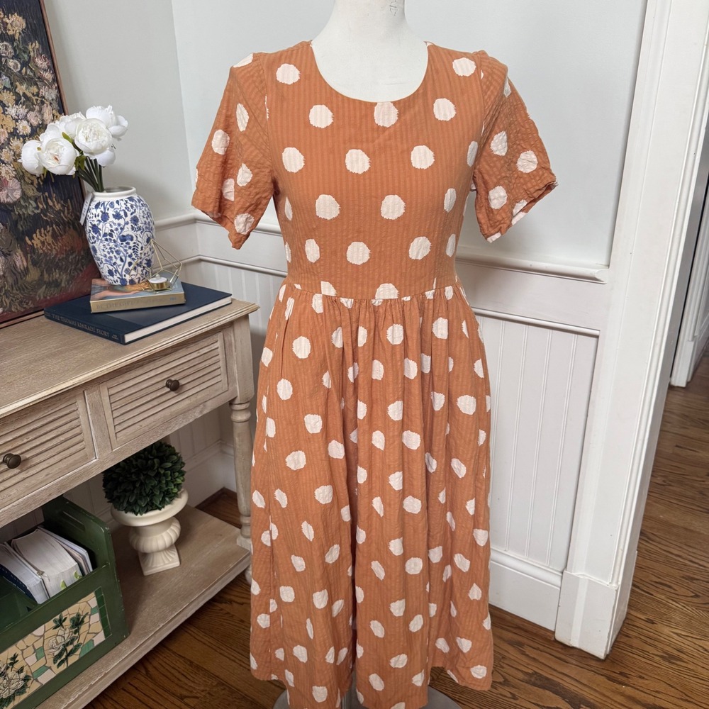 ROOLEE Orange White Polka Dot Short Sleeve Midi Dress Size S